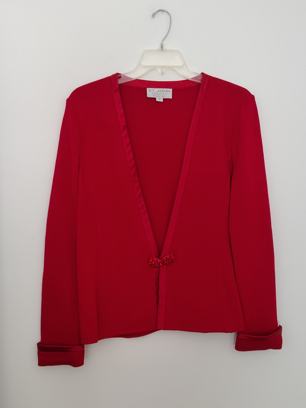 St. John Bright Red Open-Front Knit Cardigan Evening Wear Size 14